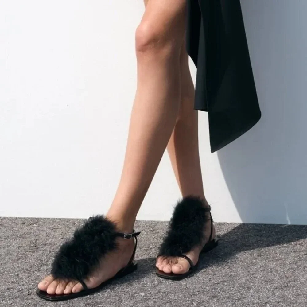 NWT Zara black feather accented flat strap up sandals, EU 36 - Picture 2 of 14